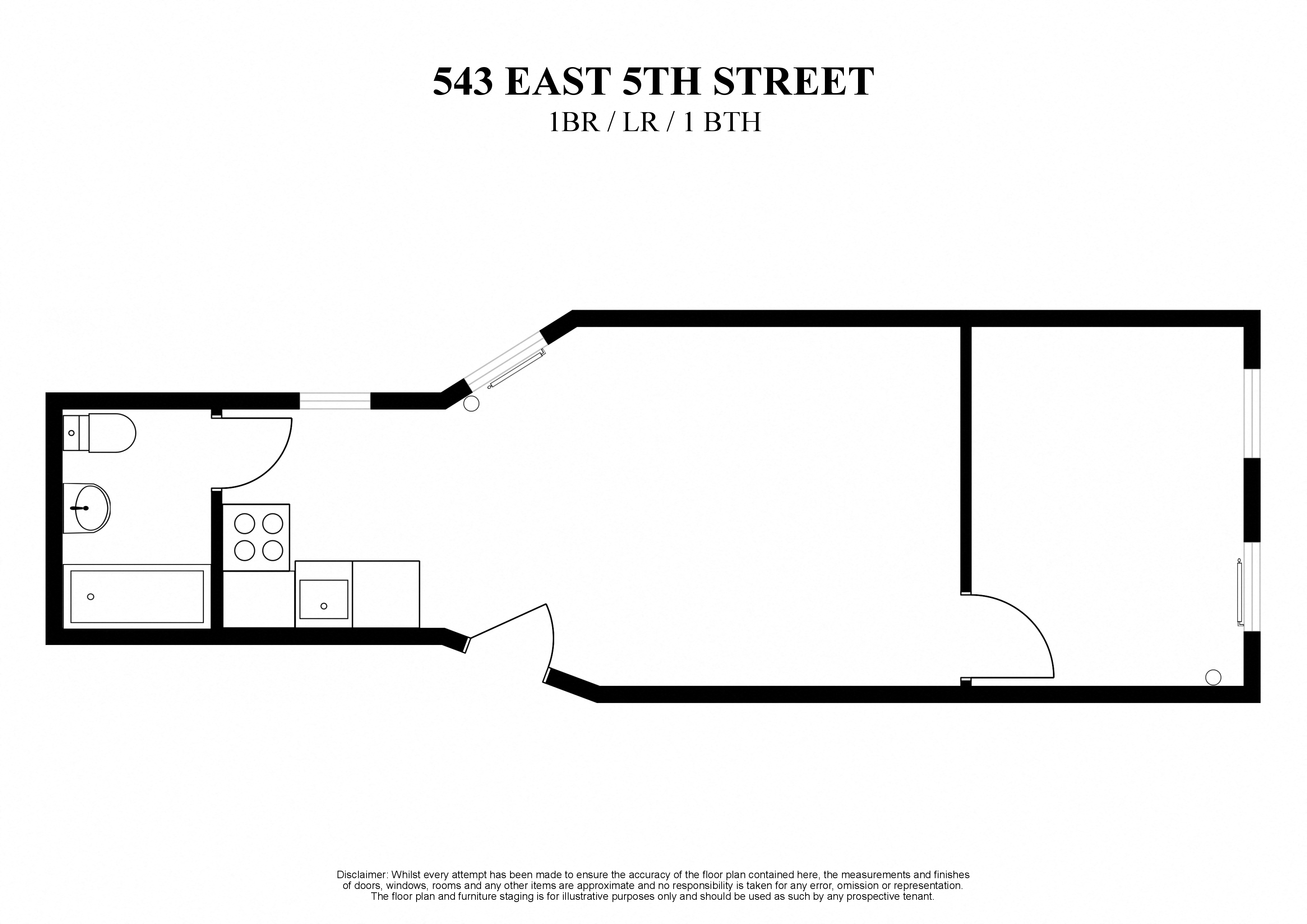 Floor plan for 1 bed, 1 bath, 300 sqft